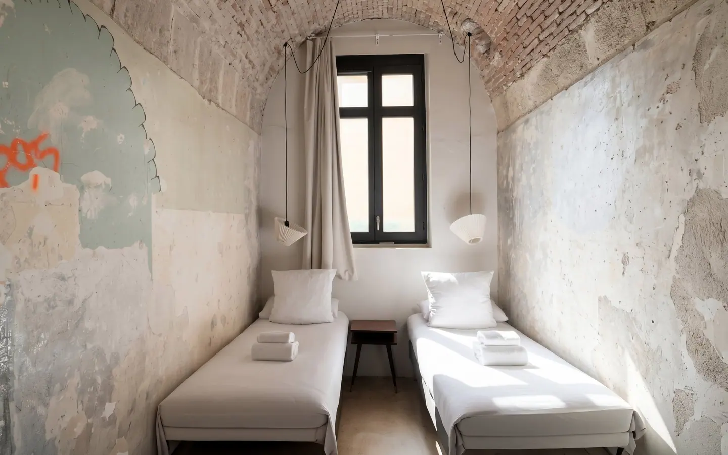 Chambre de l'Hôtel Prison à Béziers : murs d'origine conservés et fenêtre bois à petits-bois