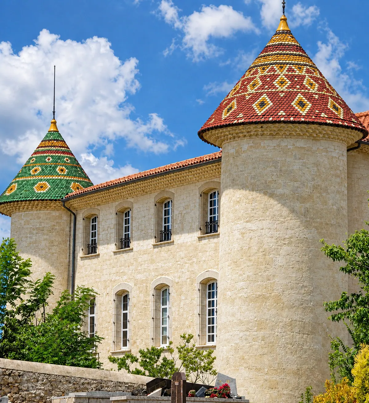 Tours d'un château coiffées de tuiles vernissées et façade percée de fenêtres bois