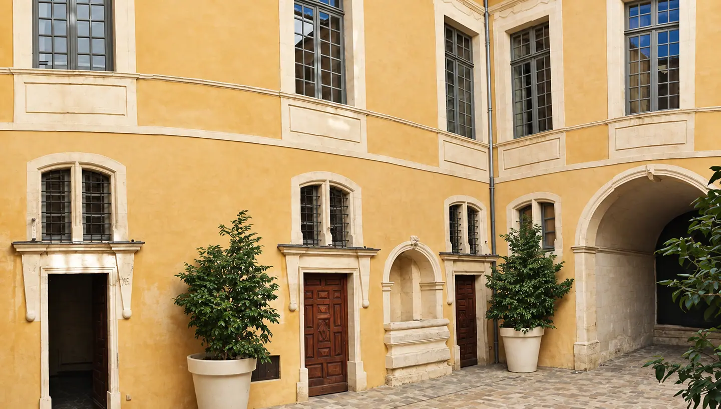 Cour ocre d'un hôtel particulier, portes et fenêtres bois autour d'un passage voûté
