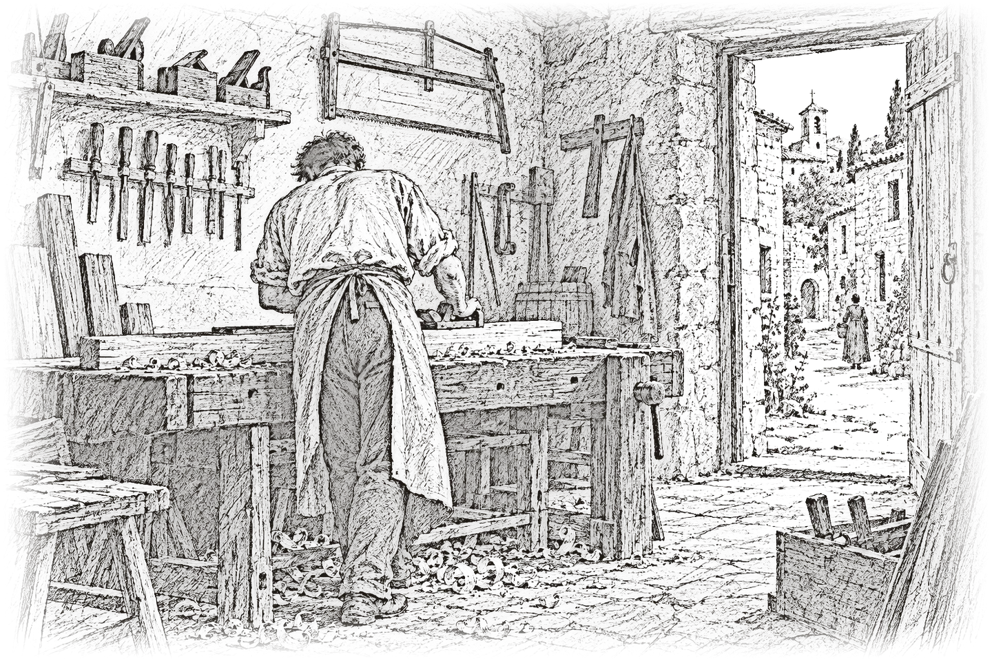 Croquis au crayon d'un menuisier, de dos, rabotant une planche à son établi dans un atelier de village vers 1830