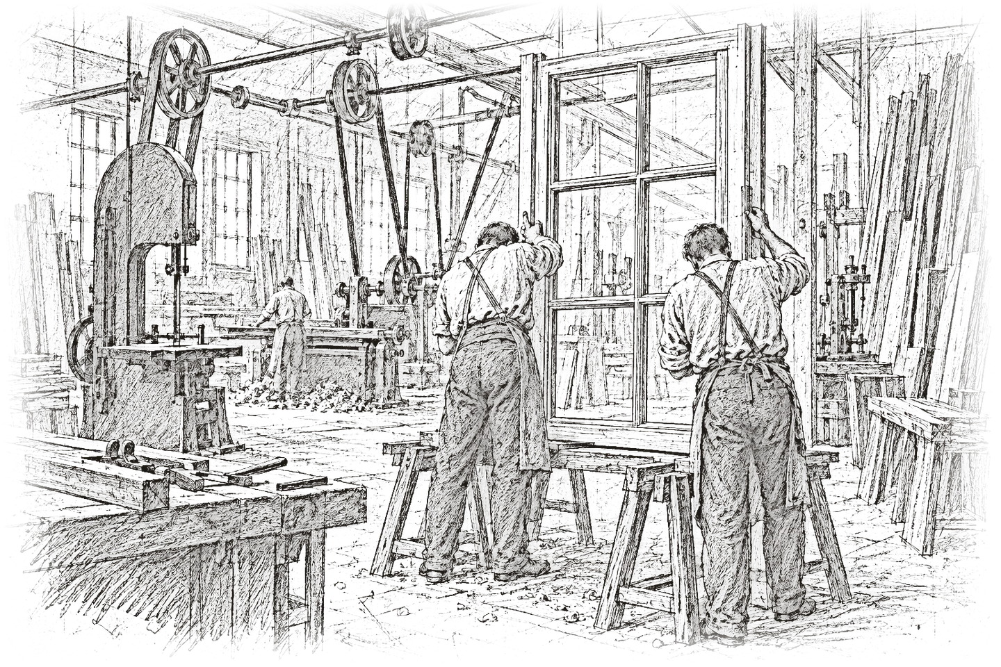 Croquis au crayon d'un atelier de menuiserie du début du XXᵉ siècle et de ses machines à courroies