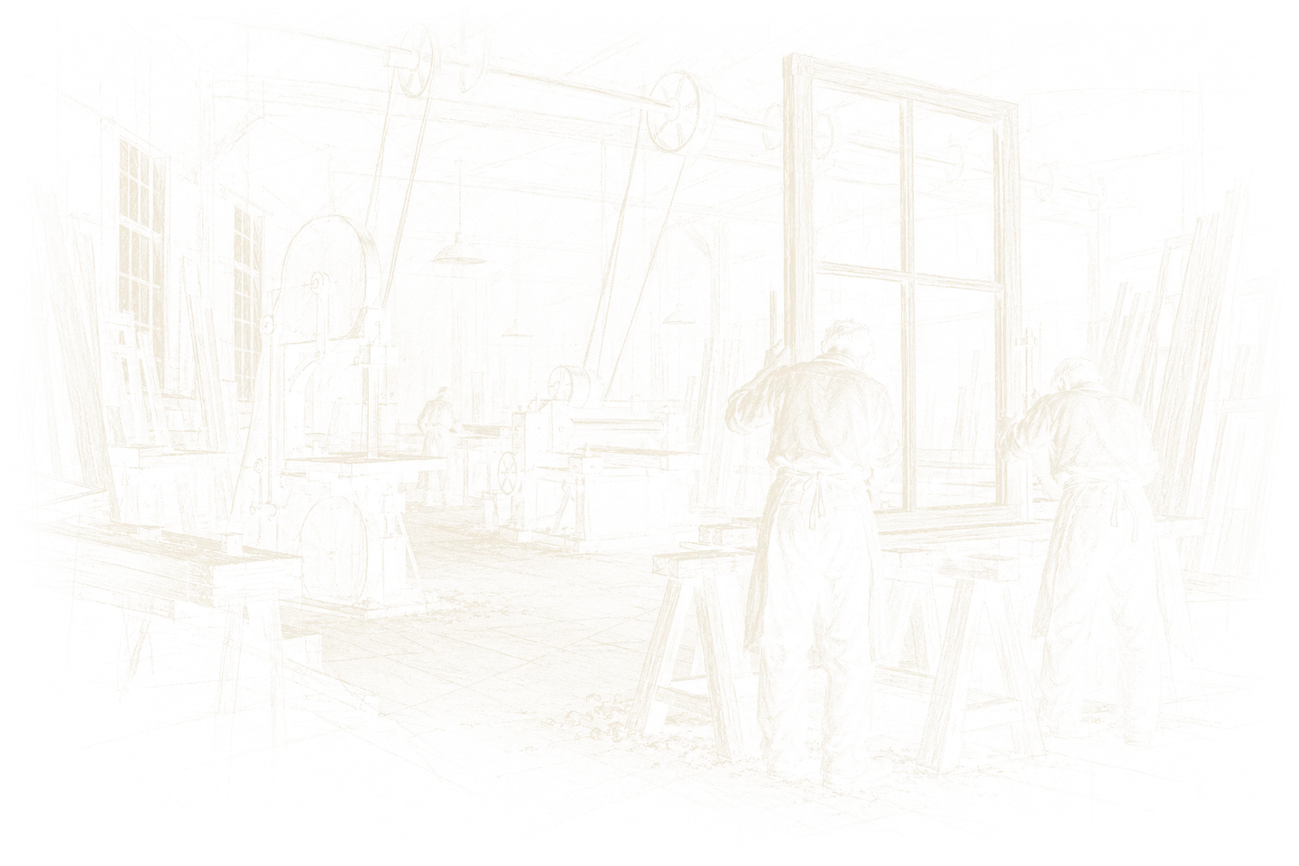 Croquis à la craie d'un atelier de menuiserie du début du XXᵉ siècle et de ses machines à courroies