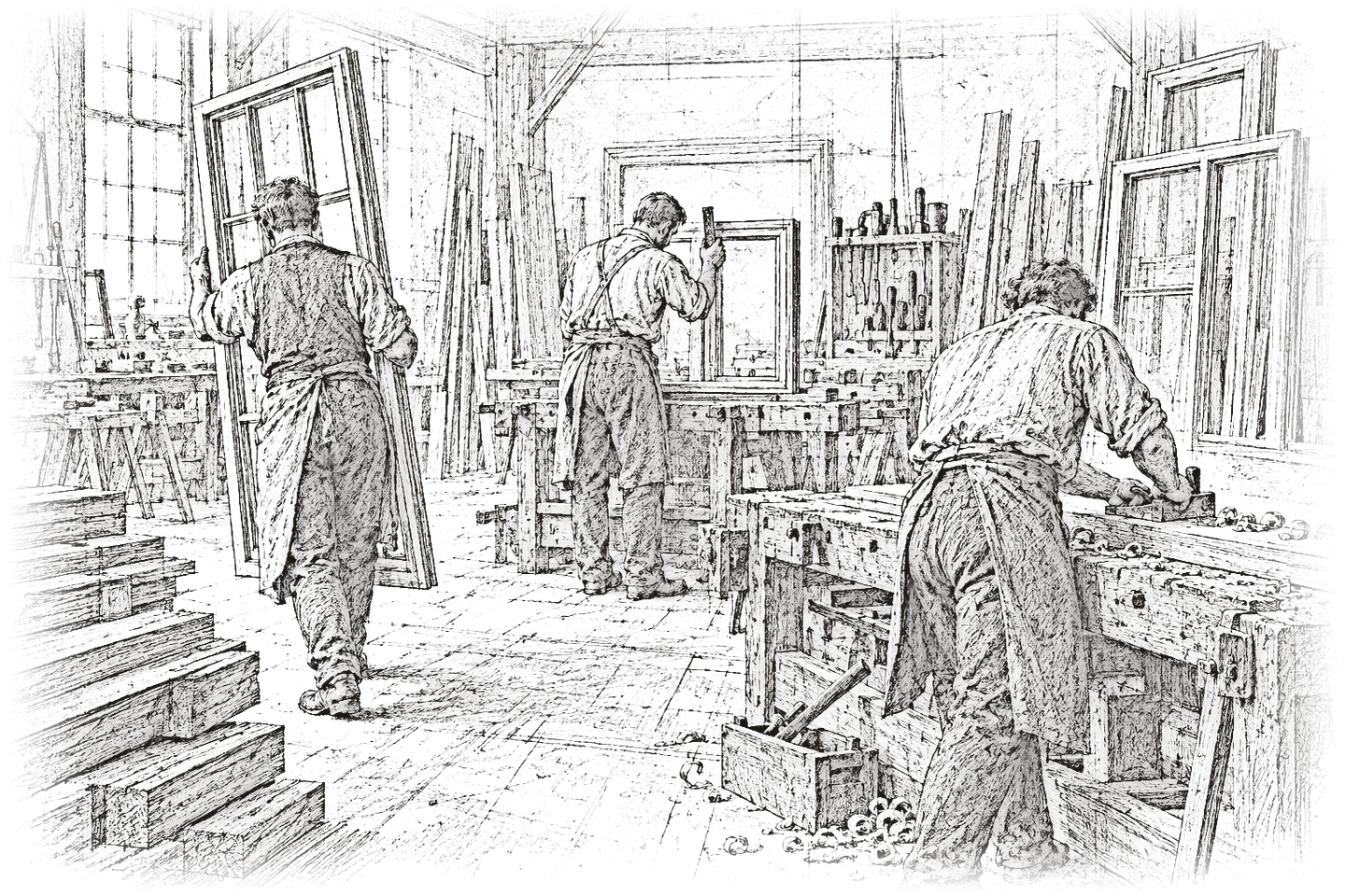 Croquis au crayon de trois menuisiers, de dos, au travail ensemble dans l'atelier