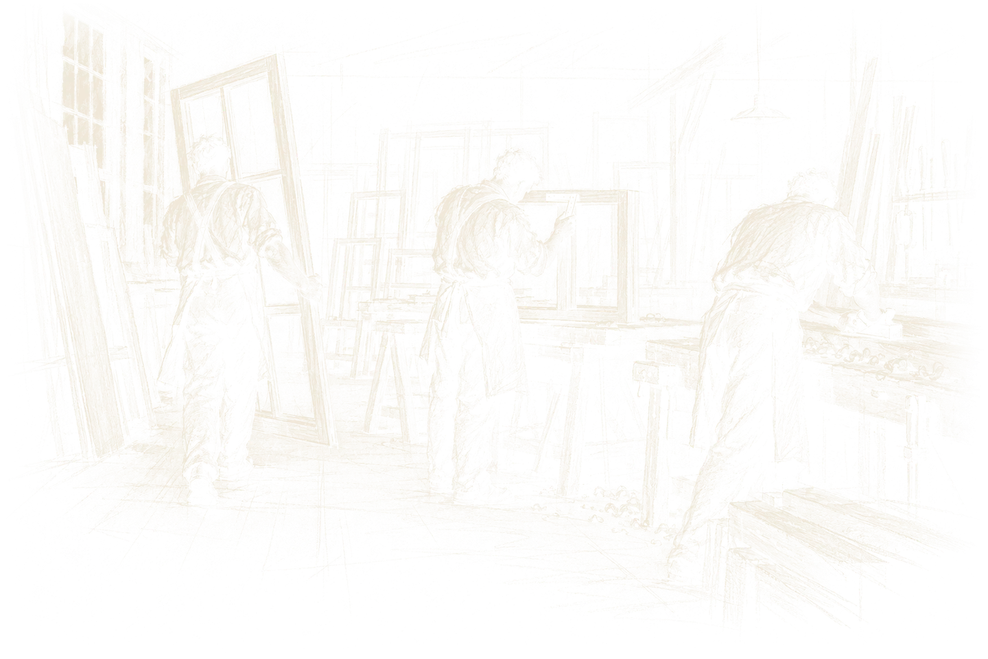 Croquis à la craie de trois menuisiers, de dos, au travail ensemble dans l'atelier
