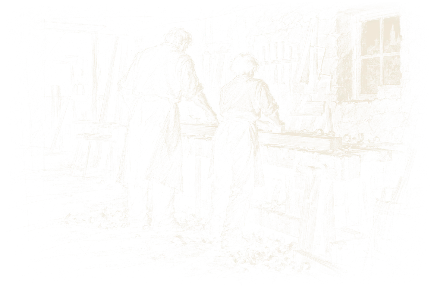 Croquis à la craie d'un menuisier et de son fils, de dos, à l'établi