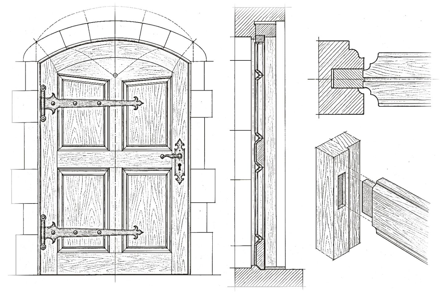 Épure à l'encre d'une porte en chêne en arc surbaissé : élévation, tracé de l'arc et coupe des moulures