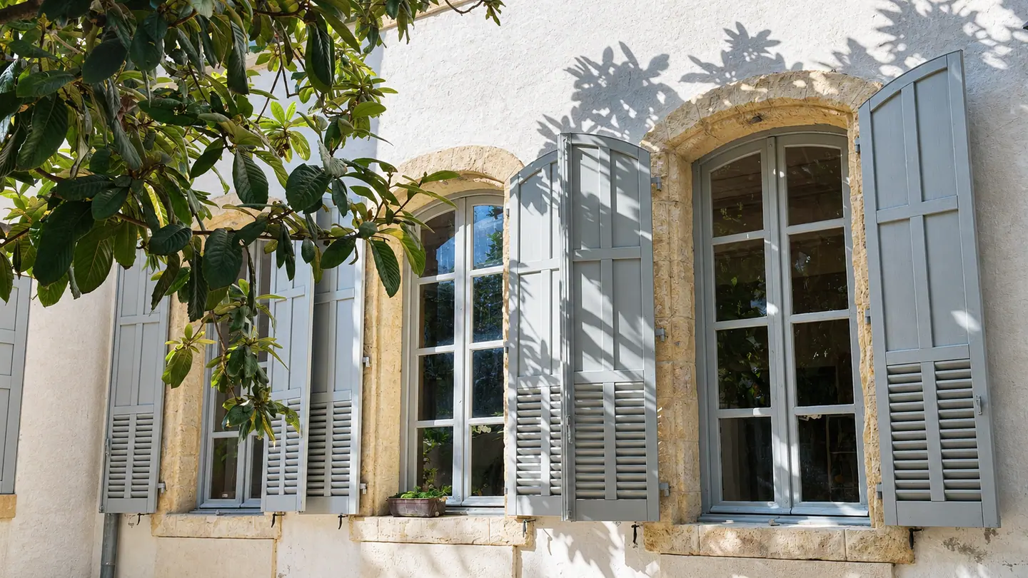 Fenêtres bois et persiennes grises sous l'ombre du feuillage