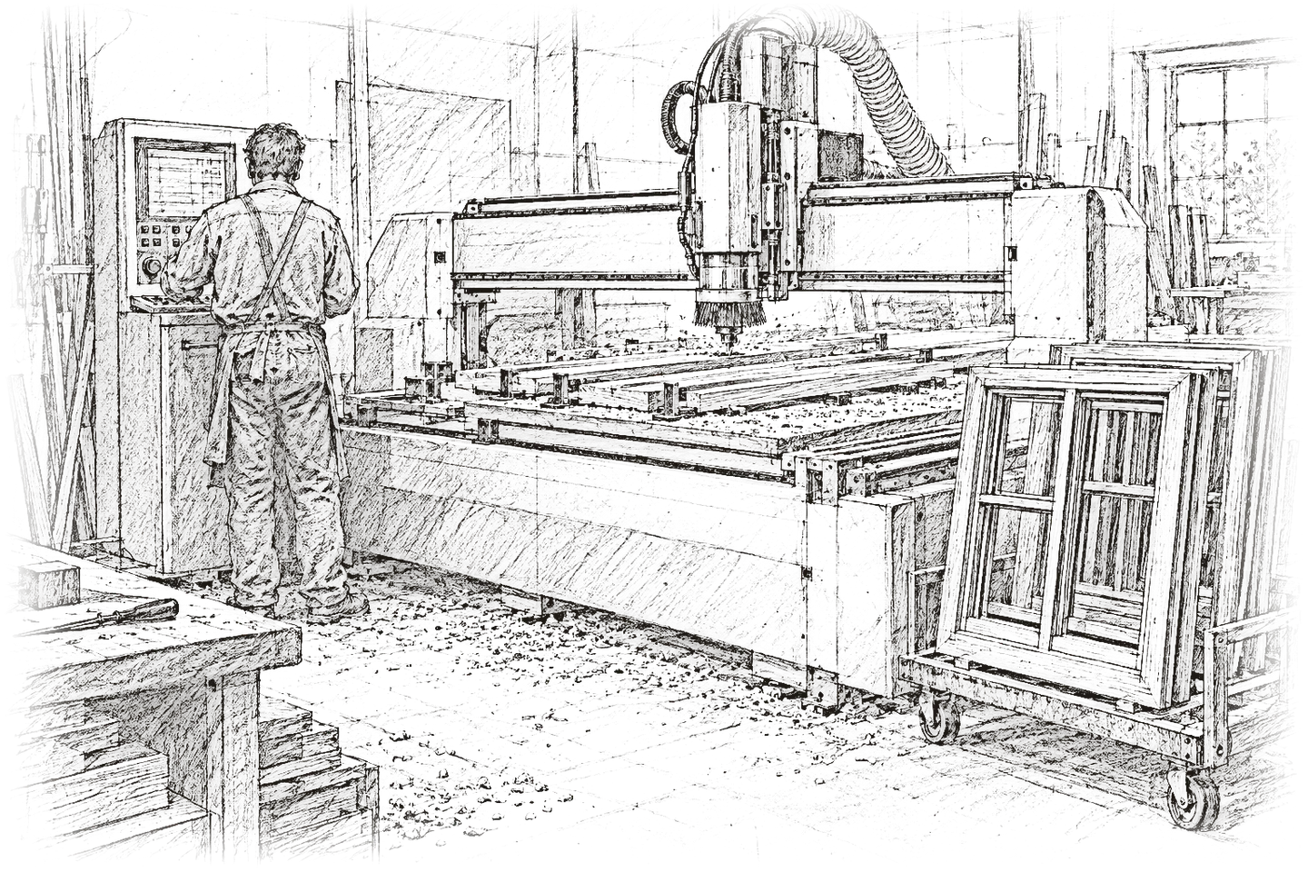 Croquis au crayon d'un menuisier, de dos, au pupitre d'un centre d'usinage numérique