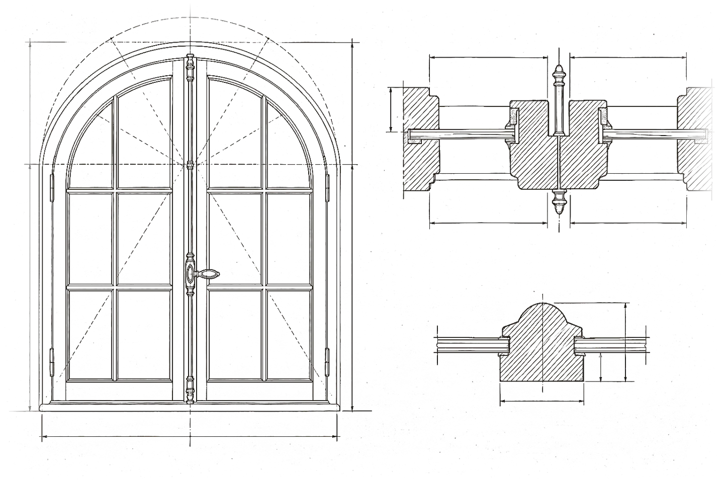 Épure à l'encre d'une fenêtre cintrée à petits-bois : élévation, tracé du cintre et coupes