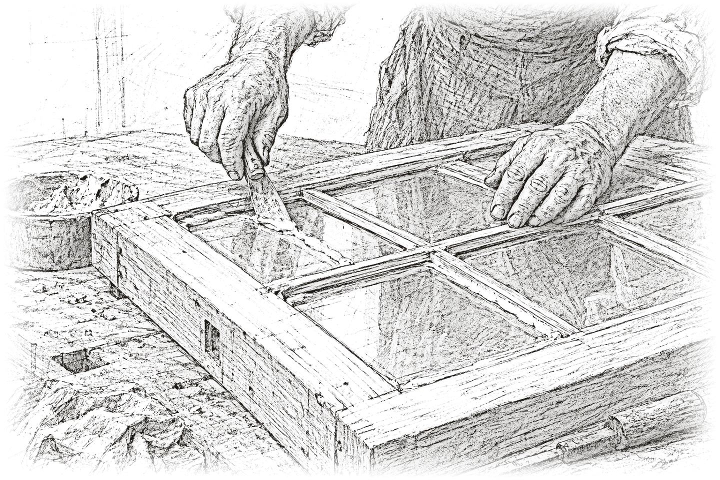 Croquis au crayon de mains posant le mastic autour d'un carreau, sur un ouvrant à petits-bois