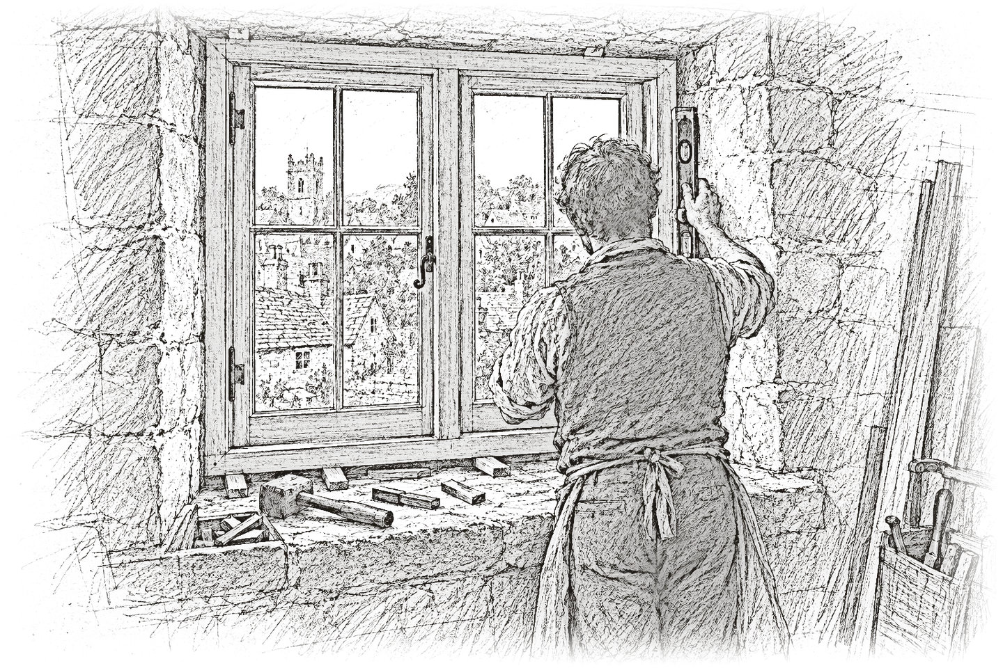 Croquis au crayon d'un poseur, de dos, réglant au niveau une fenêtre à petits-bois dans un mur de pierre