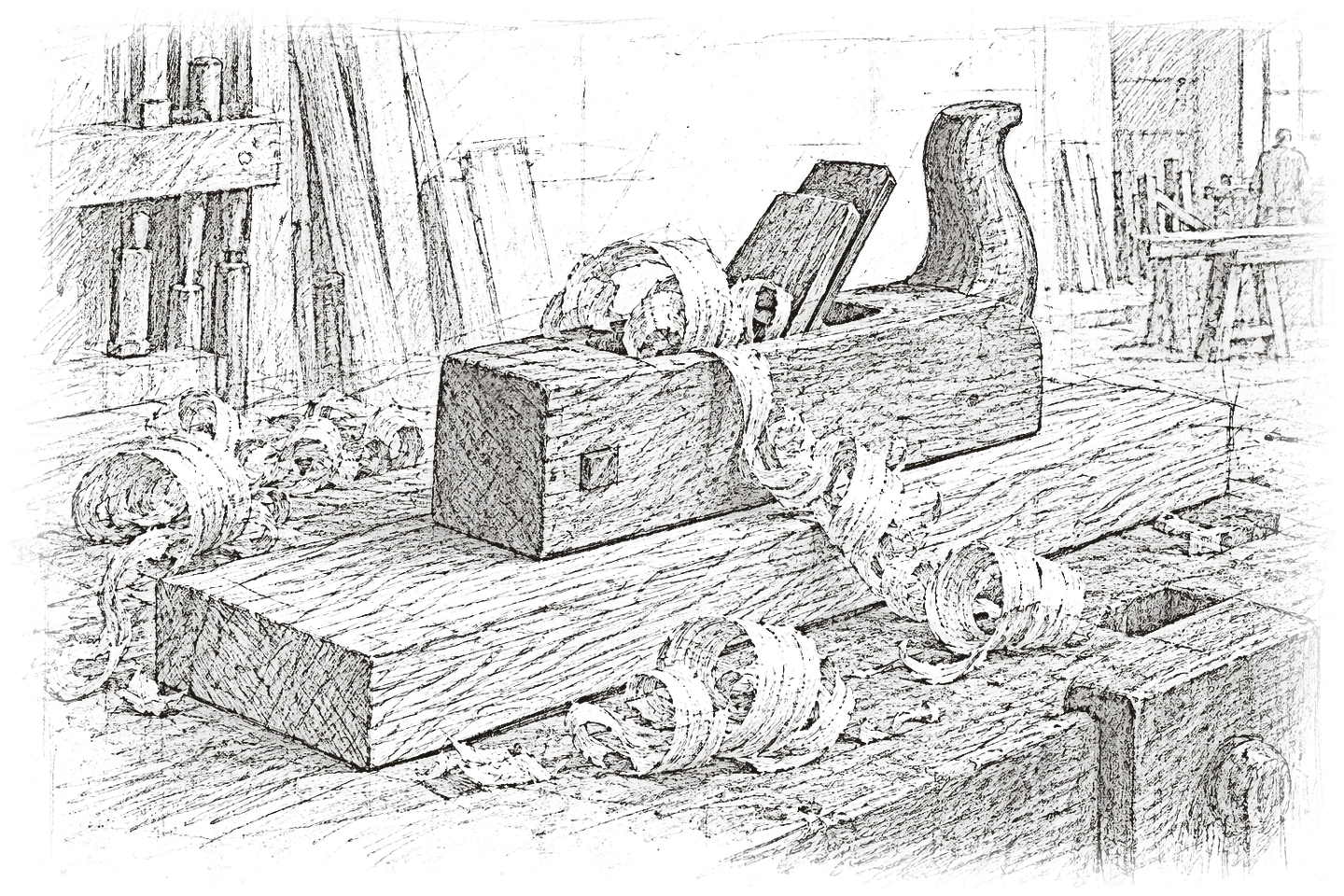 Croquis au crayon d'un rabot et de ses copeaux sur une planche de chêne