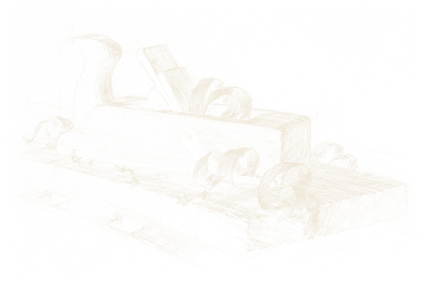 Croquis à la craie d'un rabot et de ses copeaux sur une planche de chêne