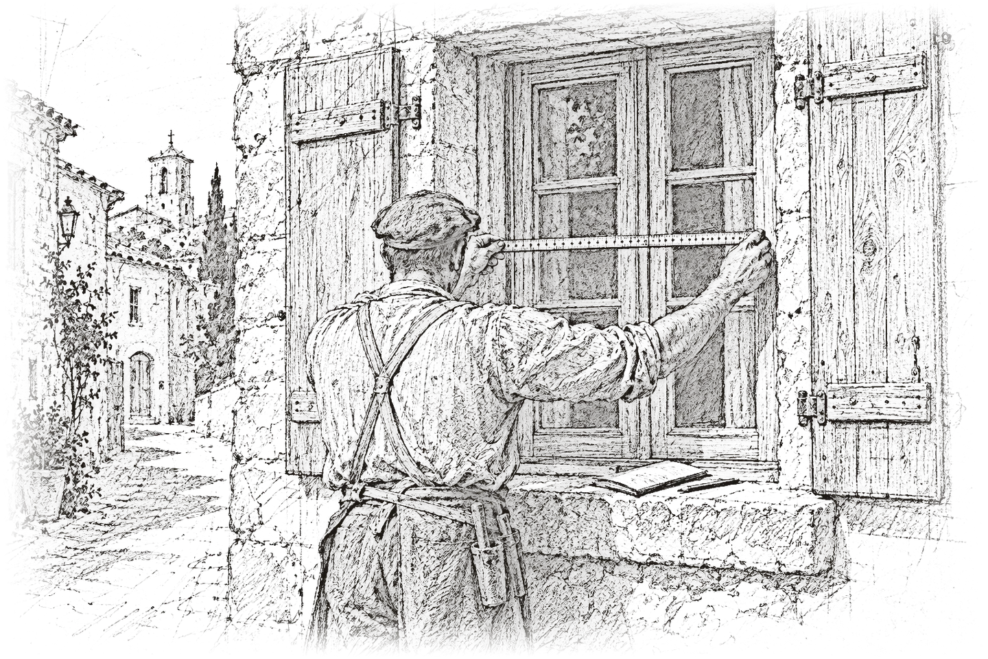 Croquis au crayon d'un menuisier, de dos, relevant au mètre pliant une baie ancienne en pierre