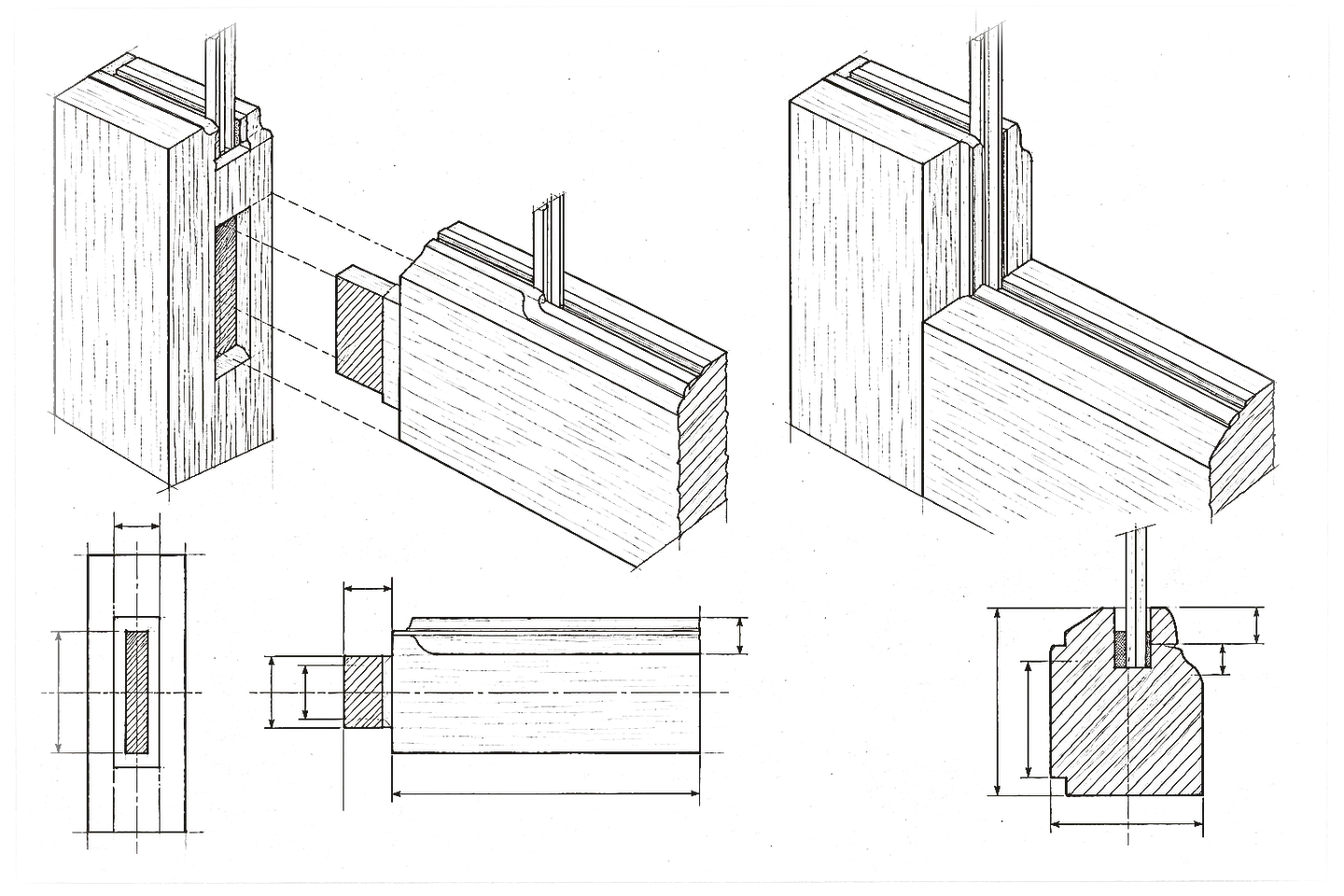 Épure à l'encre d'un assemblage d'angle à tenon et mortaise d'un ouvrant de fenêtre, vue éclatée et coupe