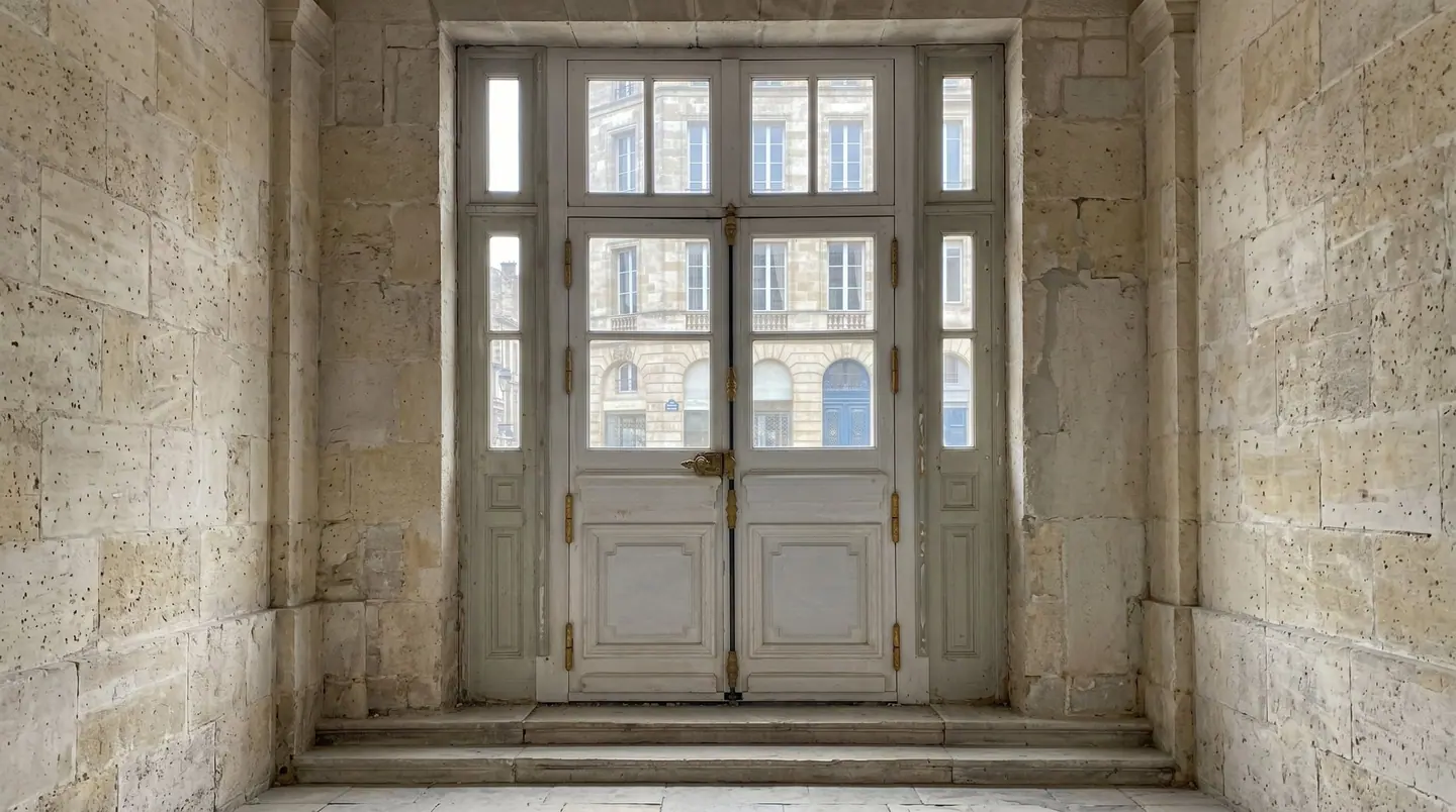 Porte-fenêtre bois à petits-bois dans une embrasure de pierre, Hôtel du Peyrou à Montpellier