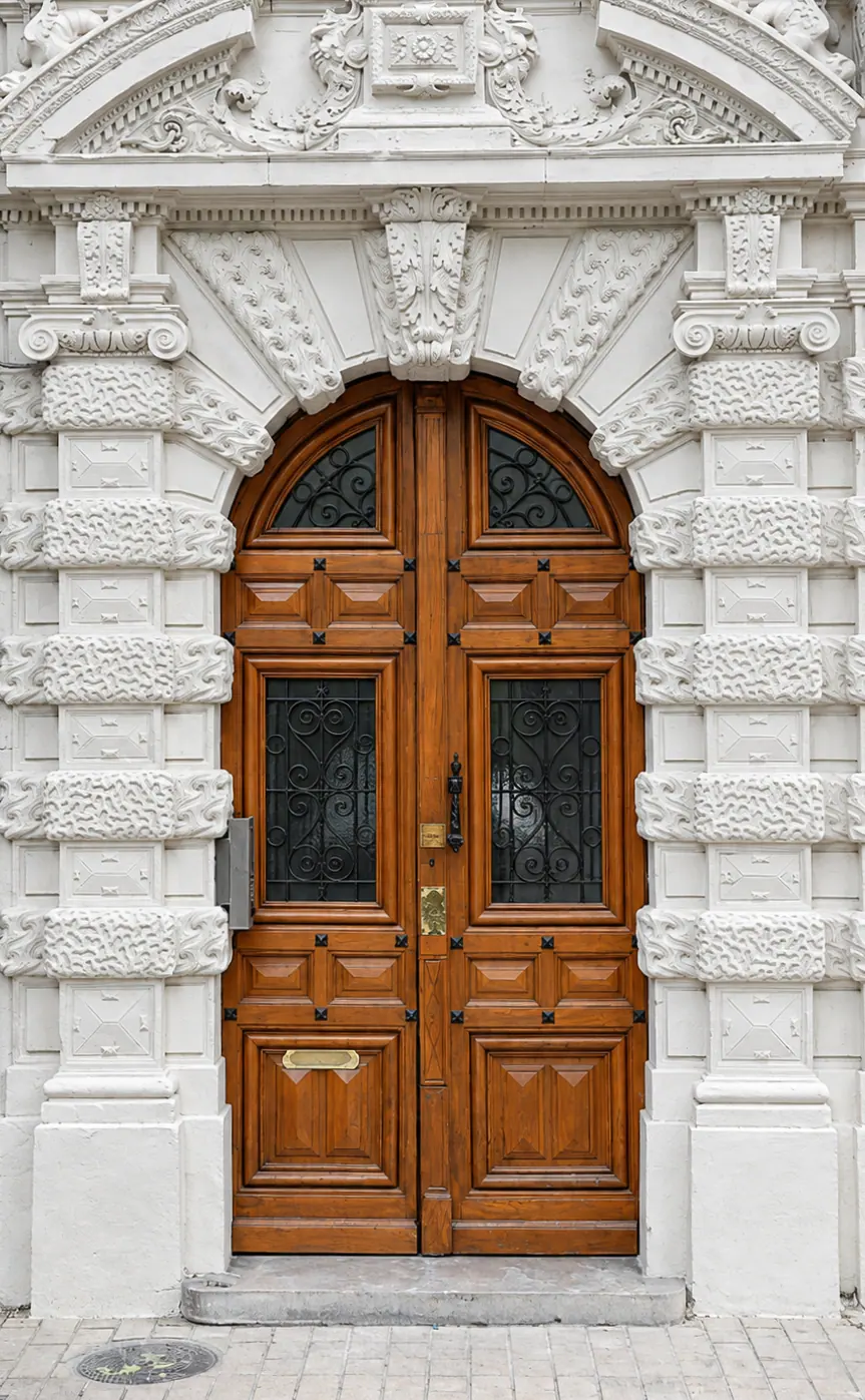 Porte vitrée en chêne sous un portail Renaissance sculpté