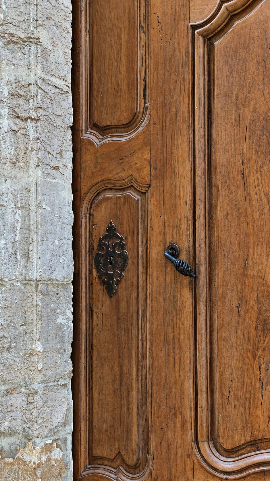 Vantail de porte en chêne mouluré et sa serrure forgée