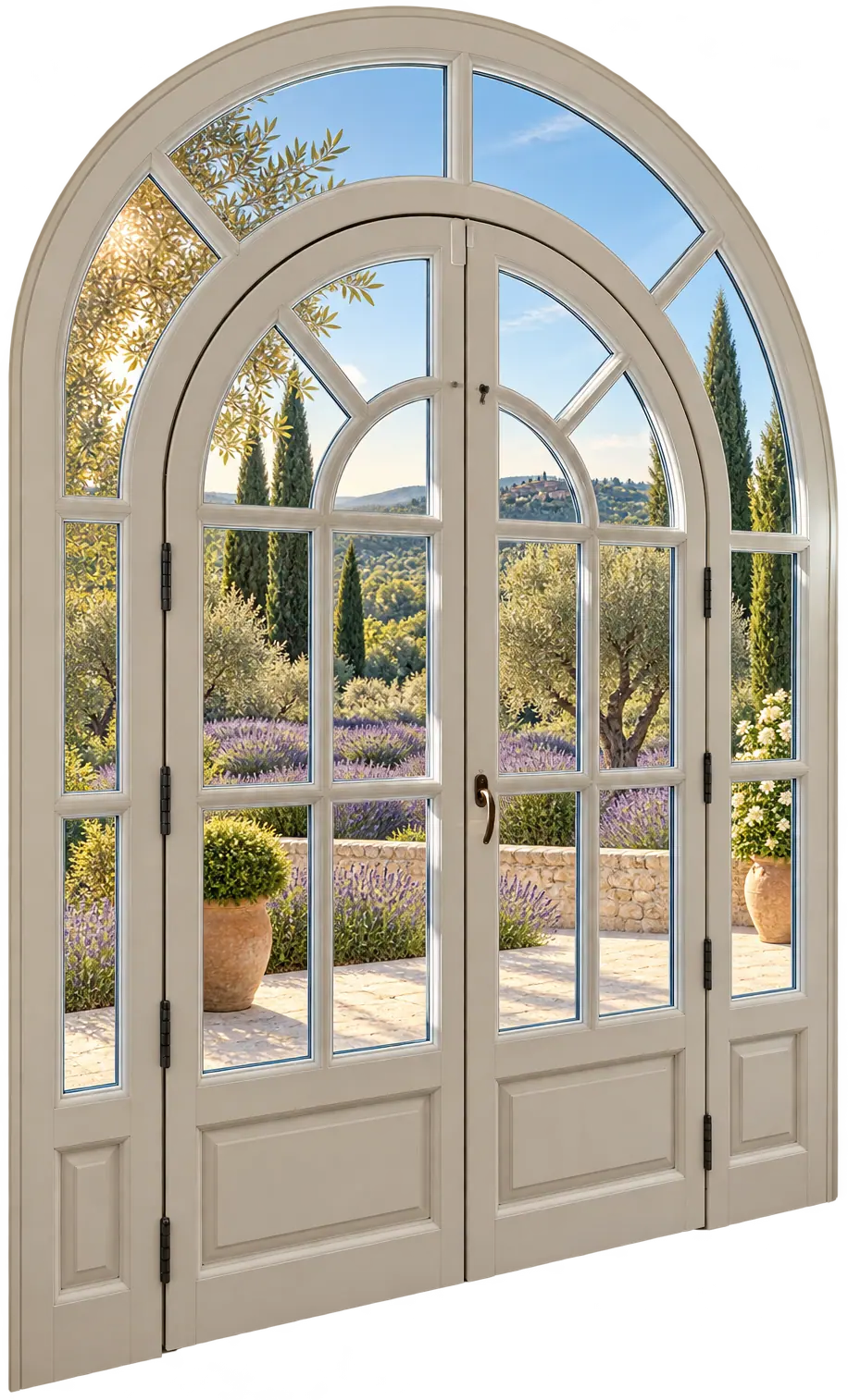 Porte-fenêtre cintrée à deux vantaux sous imposte rayonnante, ouvrant sur un jardin provençal d'oliviers, de lavandes et de cyprès