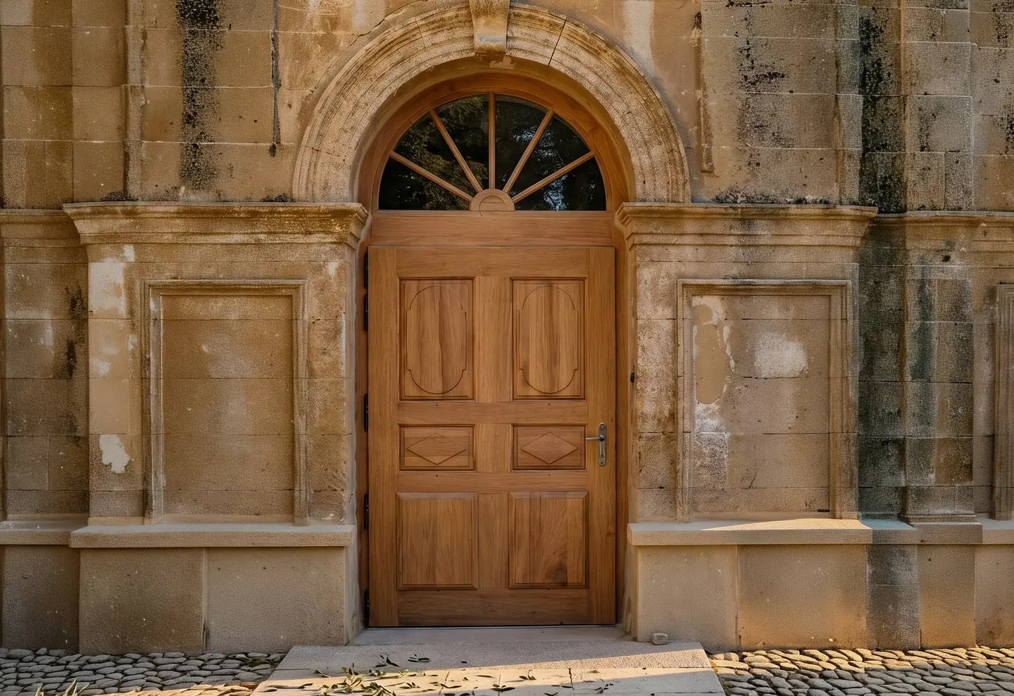 Porte en chêne à imposte en éventail dans un portail de pierre ancien
