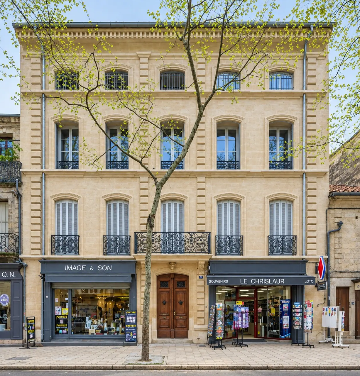 Façade de la Demeure Aquipierre à Uzès, fenêtres bois et balcons en fer forgé au-dessus des commerces