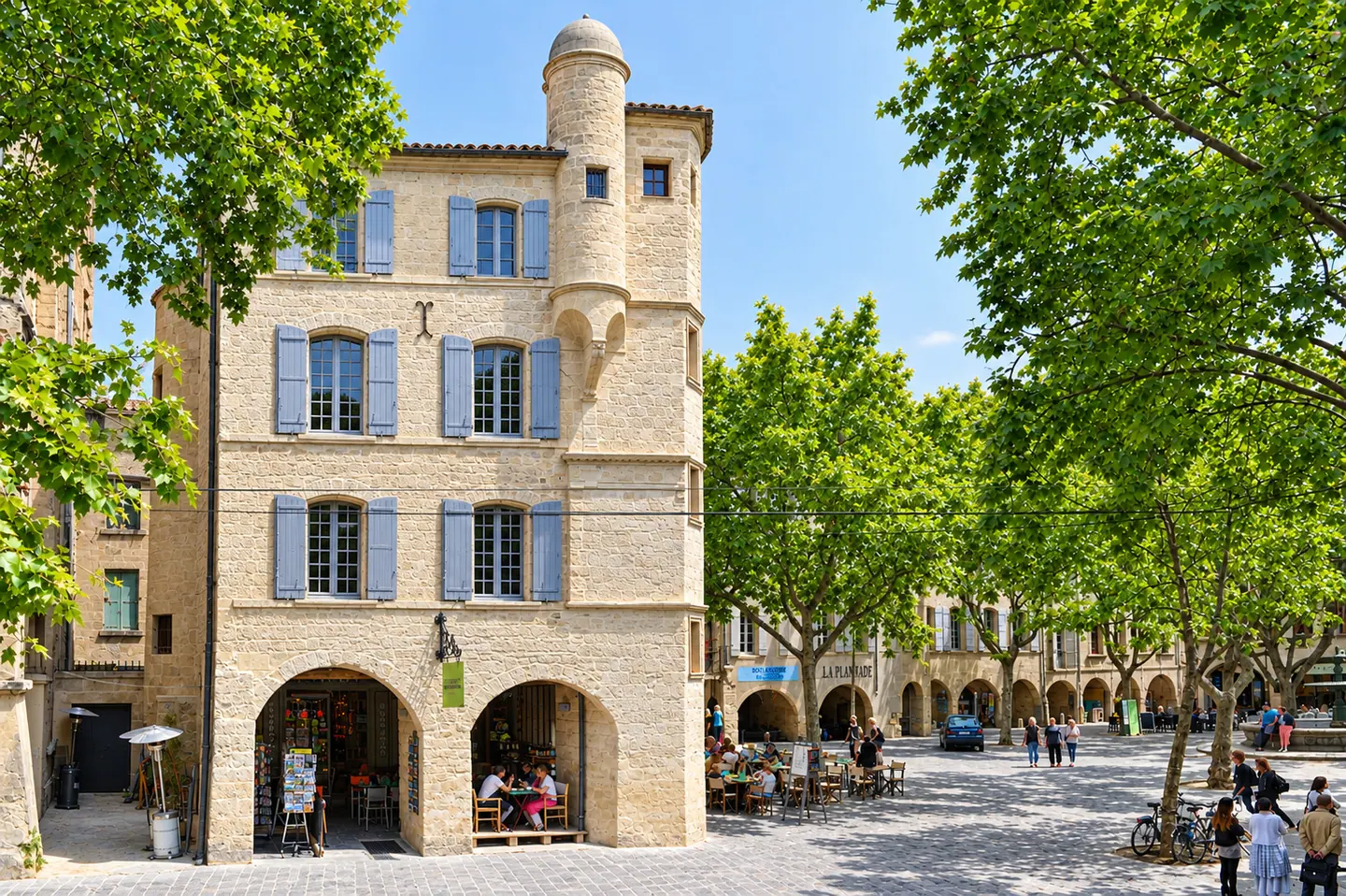 Place du centre historique d'Uzès, façades de pierre et menuiseries bois livrées pour le Groupe CIR